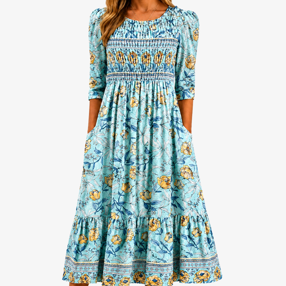 Golden Bloom Smocked Garden Midi Dress