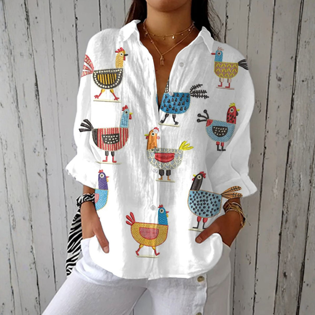 Noelia | Playful Hens Print Blouse